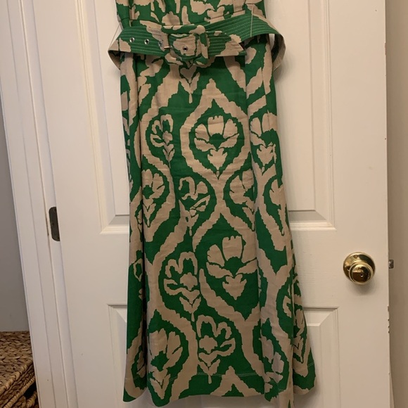 Green and Tan Linen Blend Belted Midi Dress - Picture 6 of 12